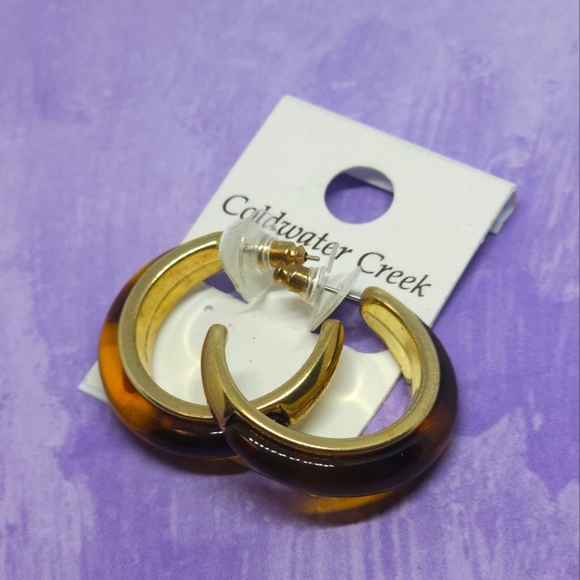 Coldwater Creek Gold Tone & Brown Tortoise Style Open Hoop Earrings - Picture 1 of 5